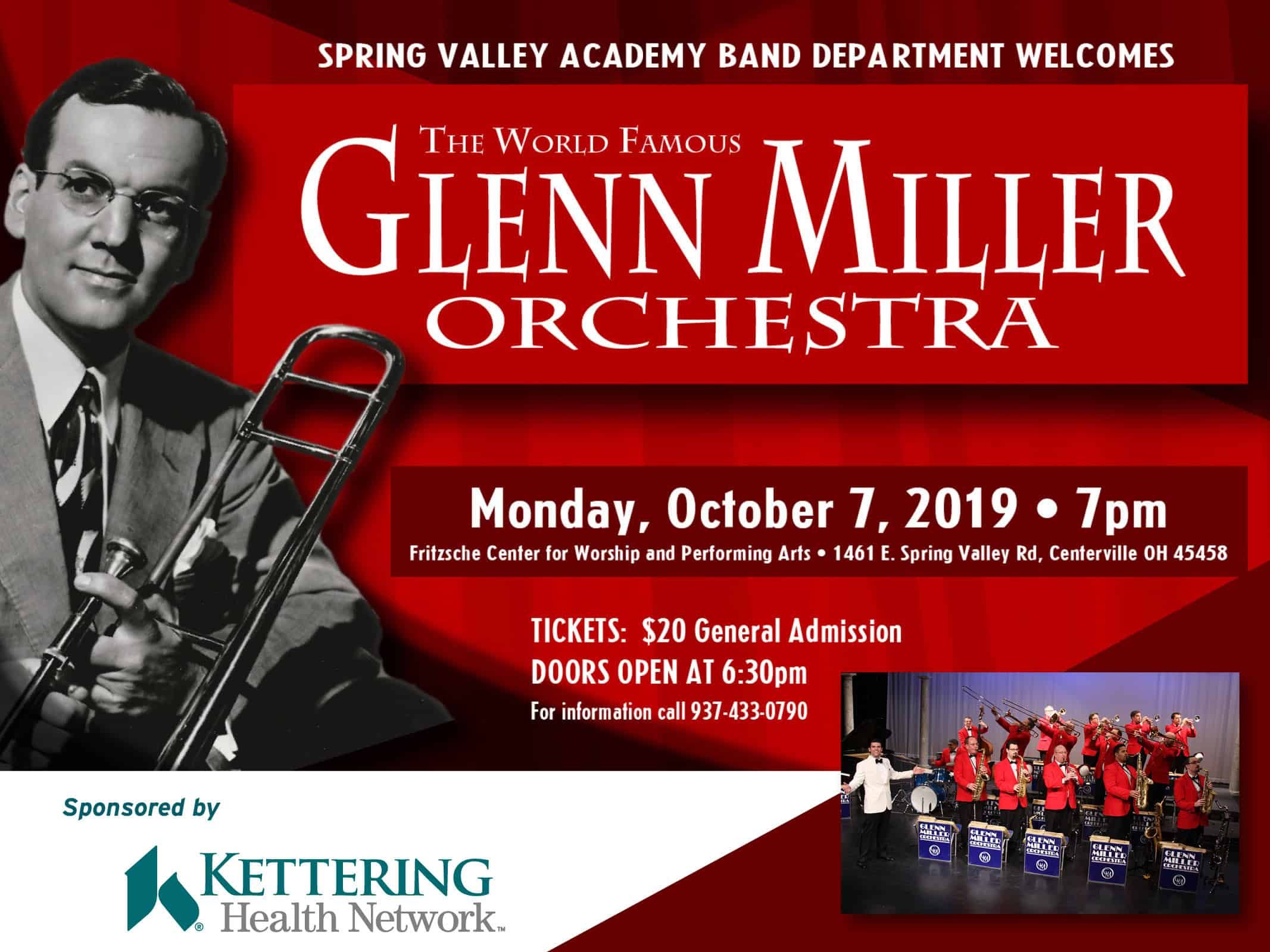 Glenn Miller Orchestra concert promotional poster featuring vintage bandleader photo and performance details