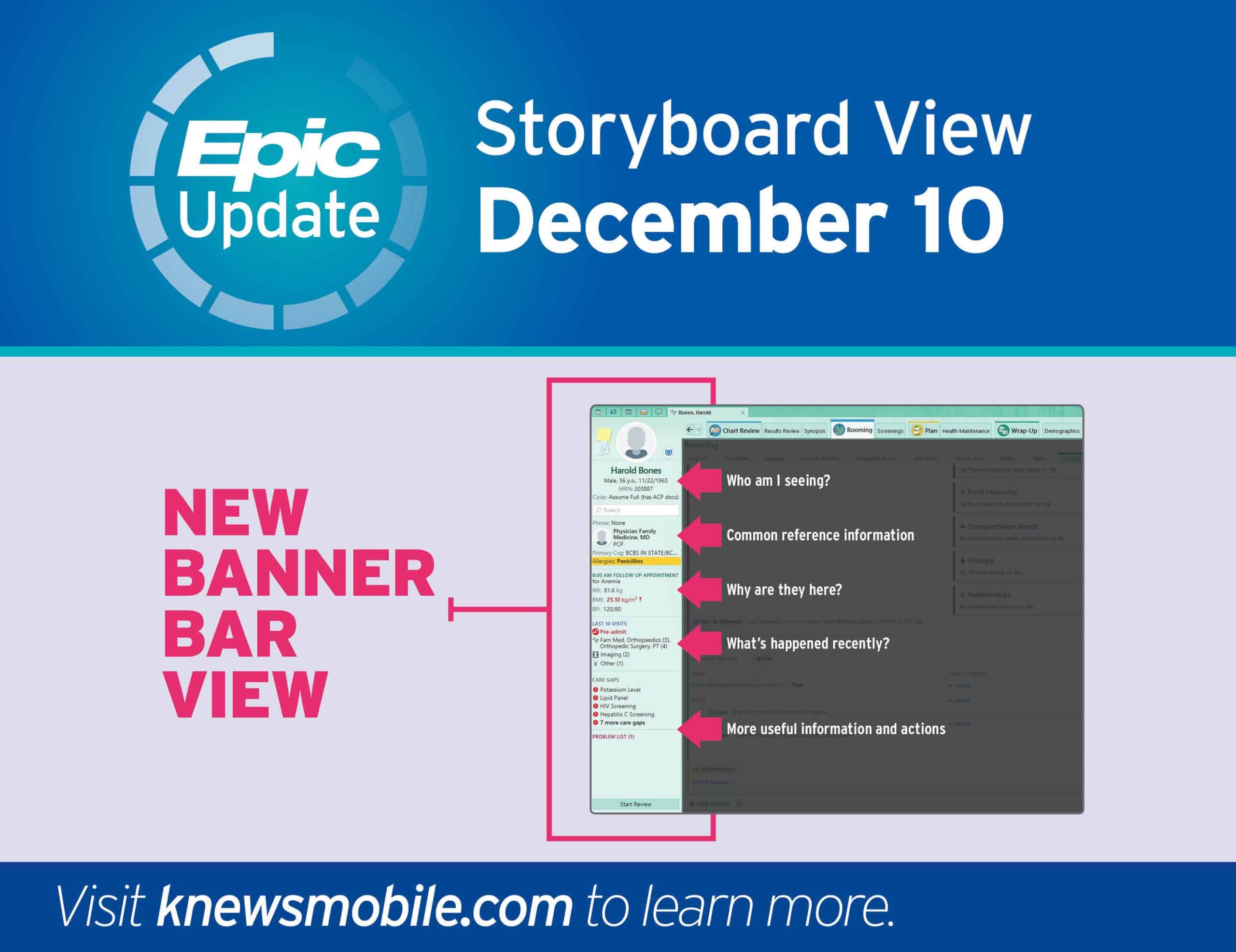 Epic EHR software update showing new banner bar view interface for December 10