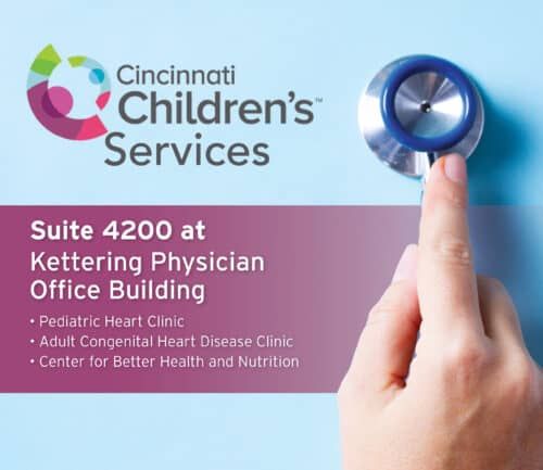 Hand holding stethoscope with Cincinnati Children's Services logo and clinic information displayed