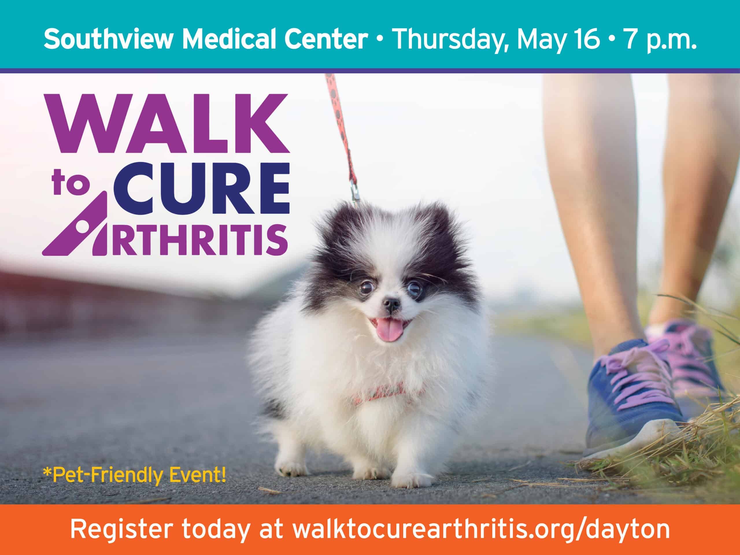 Small fluffy dog on leash with person's legs, promoting Walk to Cure Arthritis event