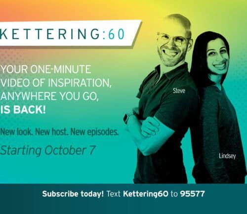Two smiling hosts Steve and Lindsey promoting Kettering 60 inspirational video series