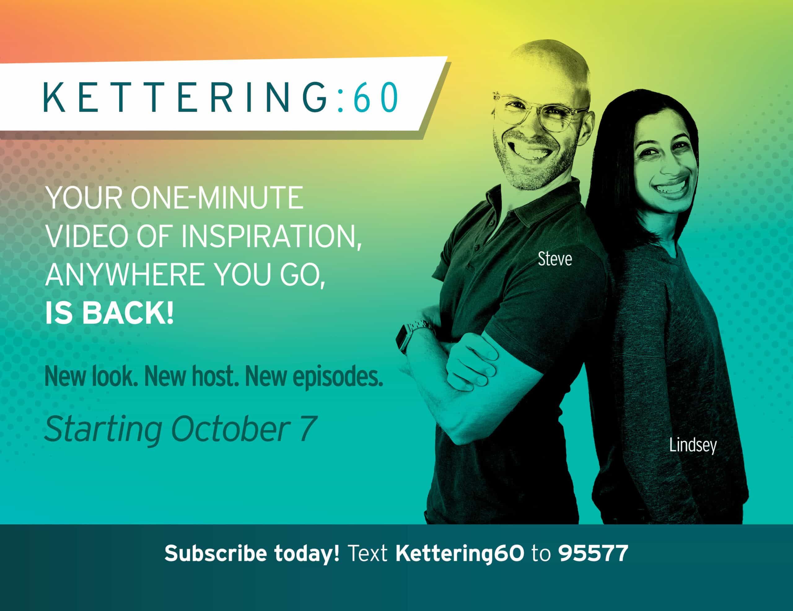 Two smiling hosts Steve and Lindsey promoting Kettering 60 inspirational video series