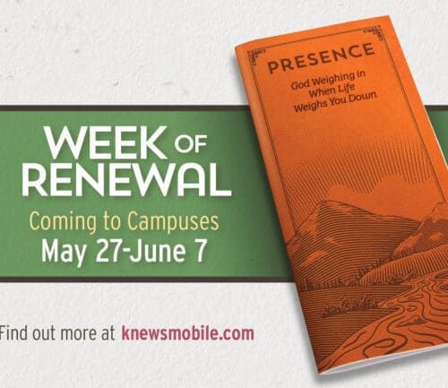 Orange book titled "Presence" promotes Week of Renewal campus events May 27-June 7