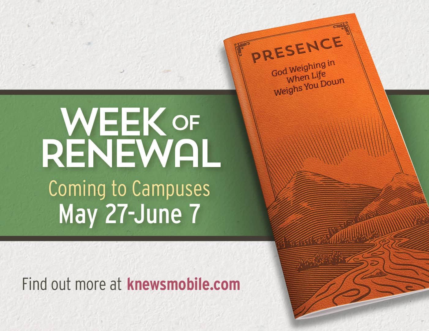 Orange book titled "Presence" promotes Week of Renewal campus events May 27-June 7
