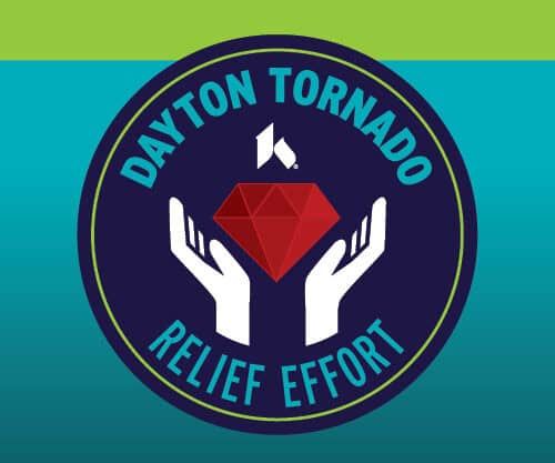 Dayton Tornado Relief Effort logo with hands supporting red diamond on teal background