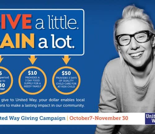 United Way donation campaign showing impact levels: $5, $10, $50 contributions help community