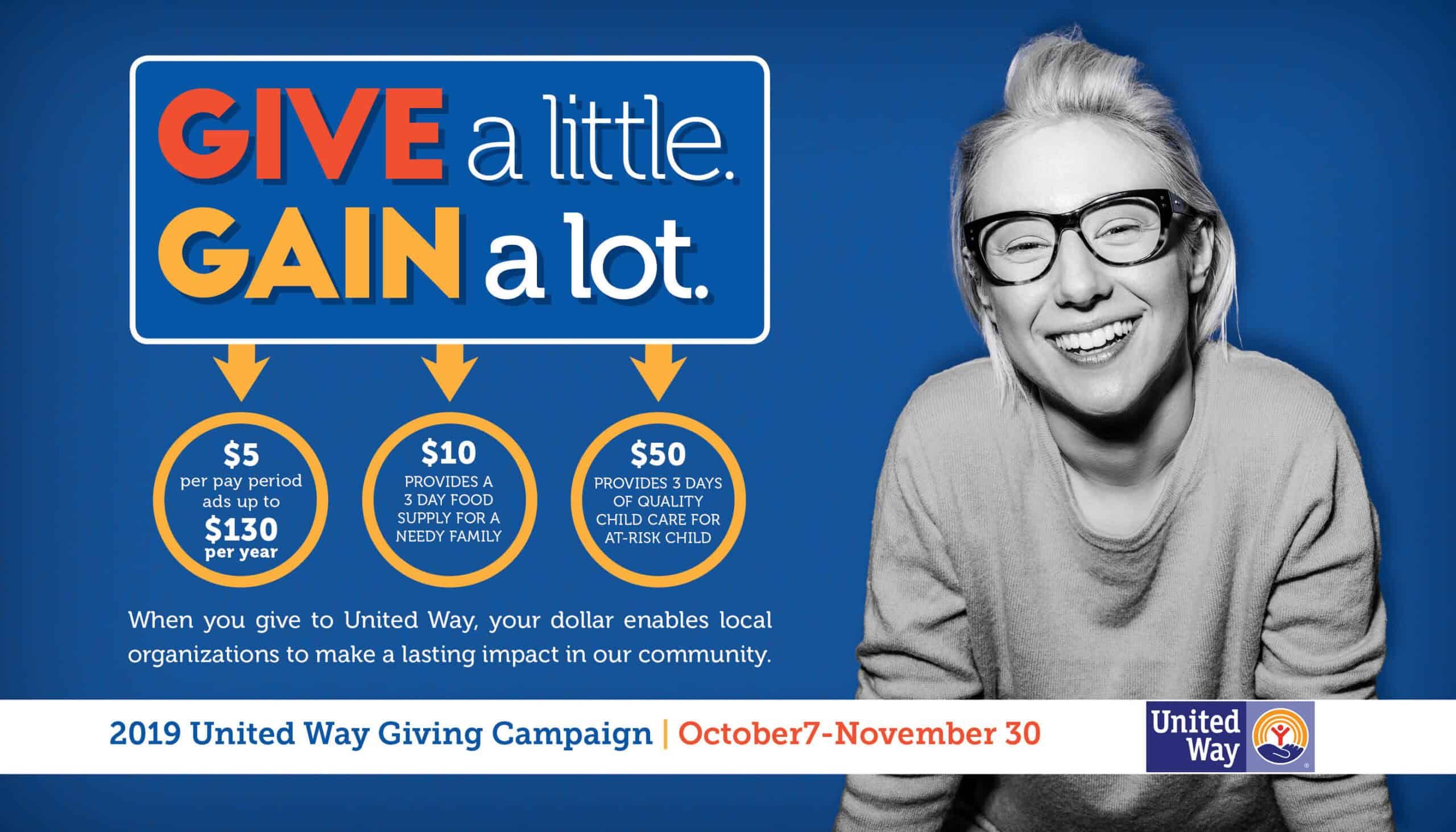 United Way donation campaign showing impact levels: $5, $10, $50 contributions help community