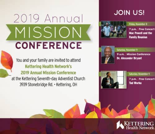 2019 Annual Mission Conference promotional flyer with event details and colorful autumn leaf design