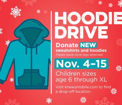 Hoodie drive flyer featuring teal hoodie illustration, donation dates November 4-15, children sizes