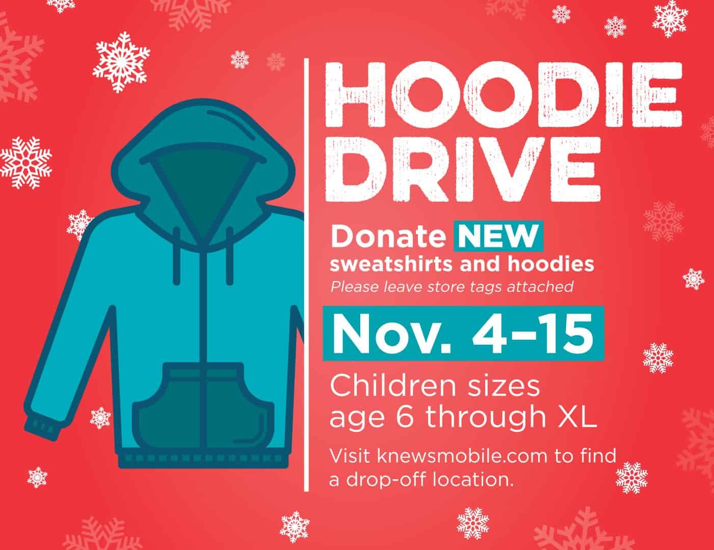 Hoodie drive flyer featuring teal hoodie illustration, donation dates November 4-15, children sizes