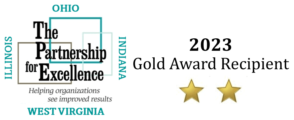 The Partnership for Excellence 2023 Gold Award Recipient logo with two gold stars
