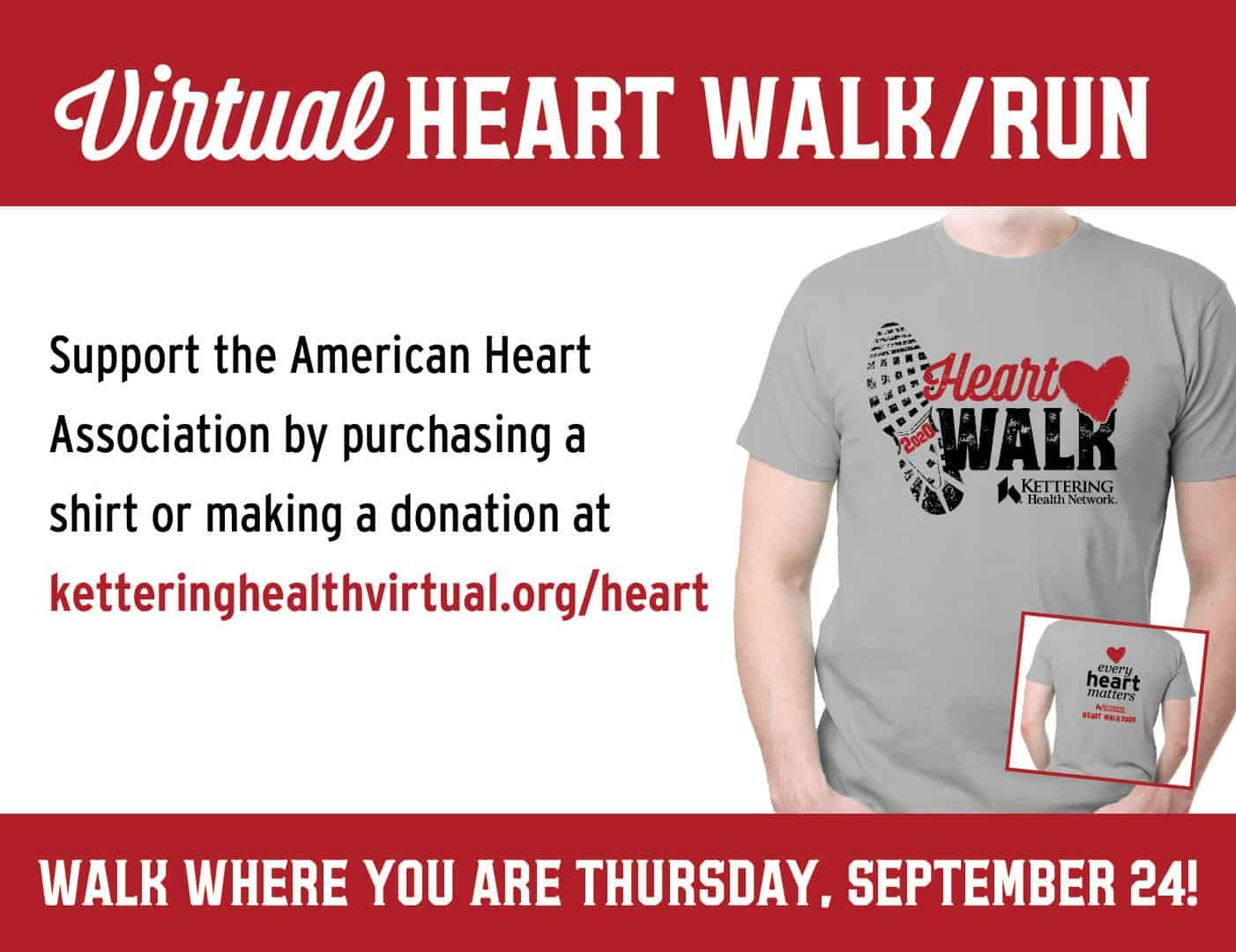 Virtual Heart Walk/Run promotional flyer featuring gray t-shirt and September 24 event date