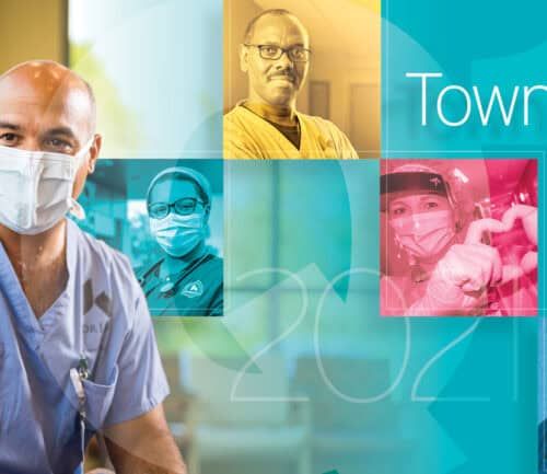 Healthcare workers in masks with "Town Hall 2021" text overlay featuring diverse medical staff