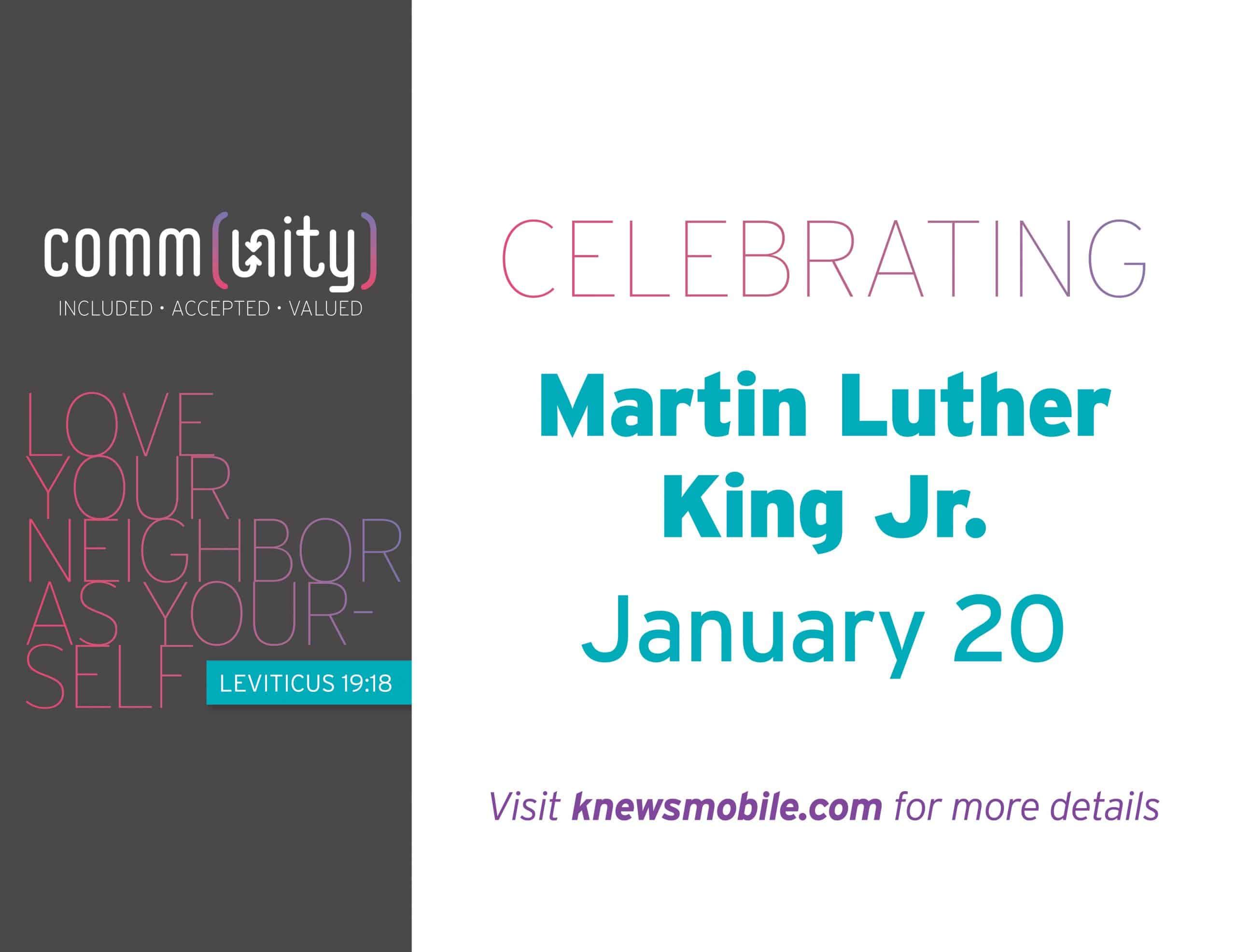 Community celebration graphic for Martin Luther King Jr. Day with biblical quote