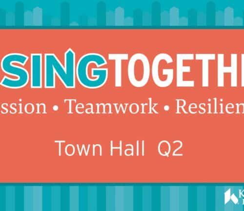 Kettering Health "Rising Together" Q2 Town Hall graphic with mission, teamwork, resilience tagline
