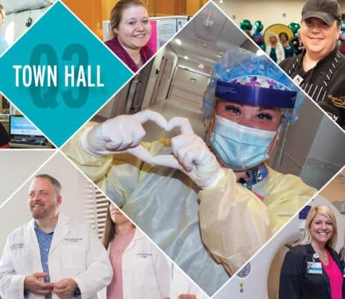 Healthcare professionals in various medical settings with "Town Hall" text overlay