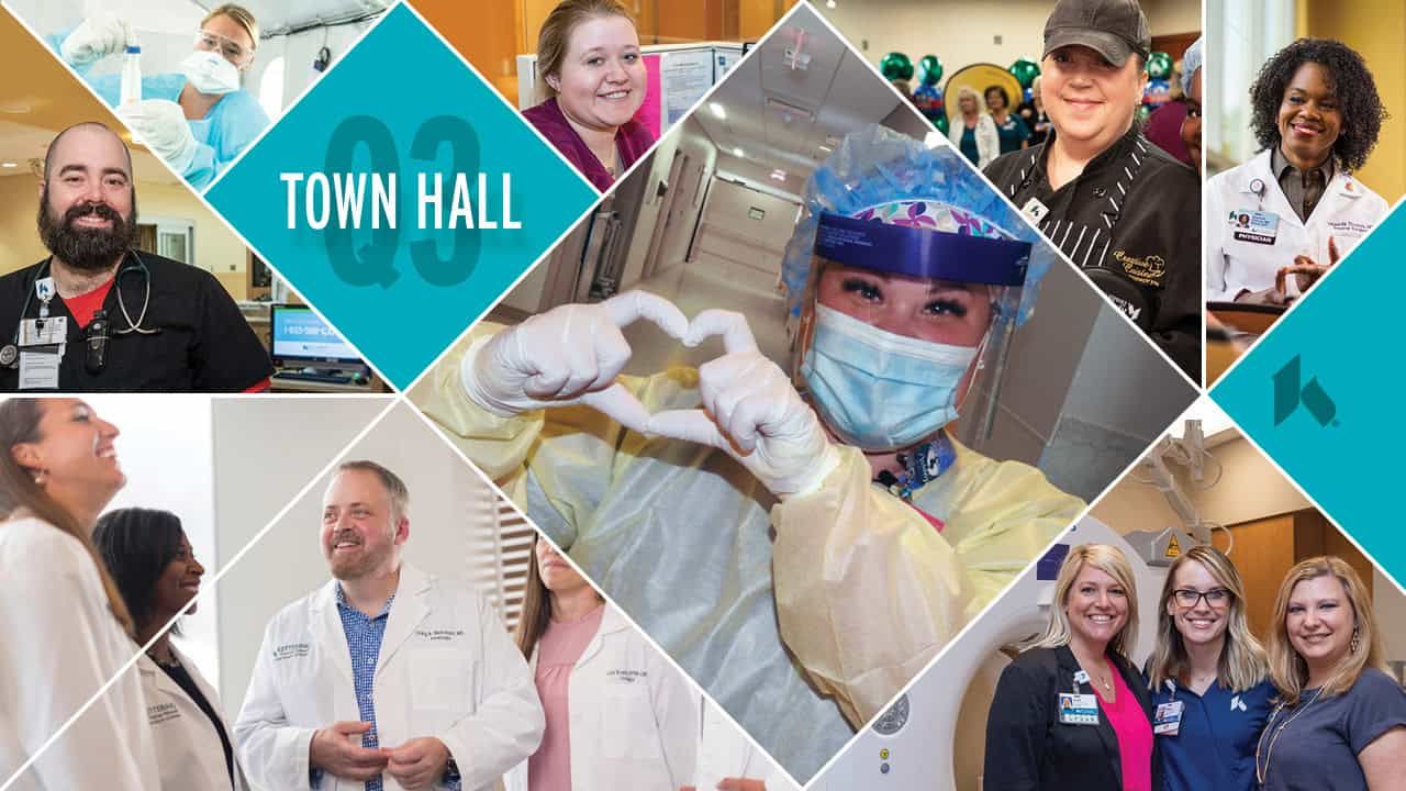 Healthcare professionals in various medical settings with "Town Hall" text overlay