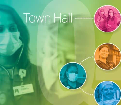 Healthcare workers connected virtually in Kettering Health town hall meeting format