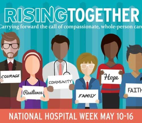 Diverse healthcare workers holding signs reading Courage, Resilience, Community, Family, Hope, Faith for National Hospital Week