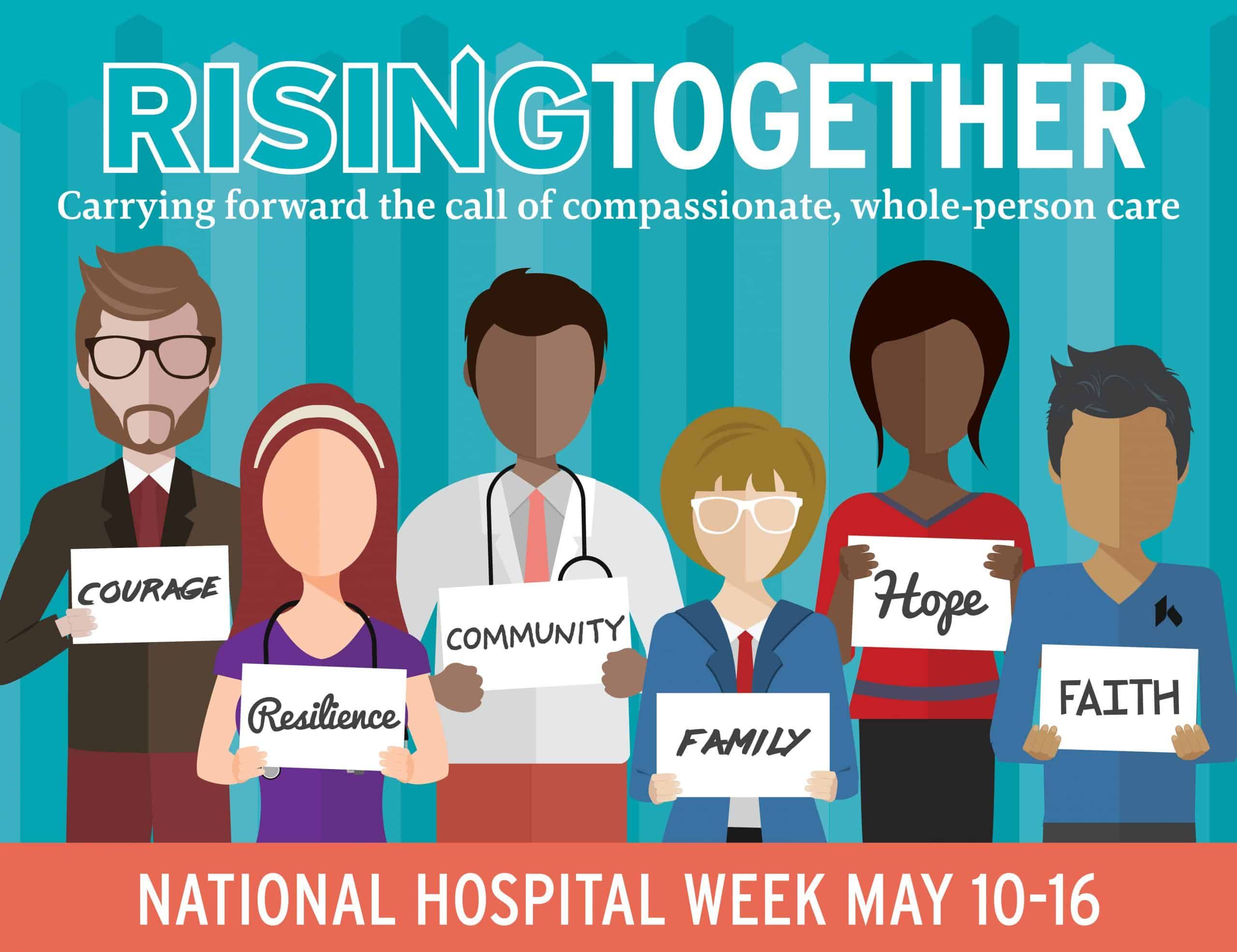 Diverse healthcare workers holding signs reading Courage, Resilience, Community, Family, Hope, Faith for National Hospital Week