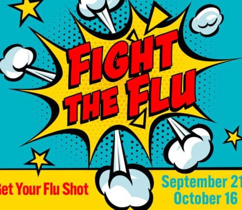 Comic book style "Fight the Flu" poster promoting flu shots September 21-October 16
