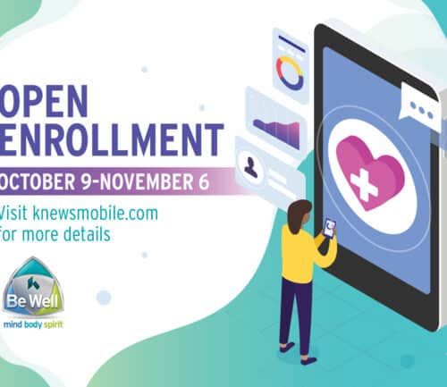 Open enrollment October 9-November 6, person using mobile device with healthcare app displayed