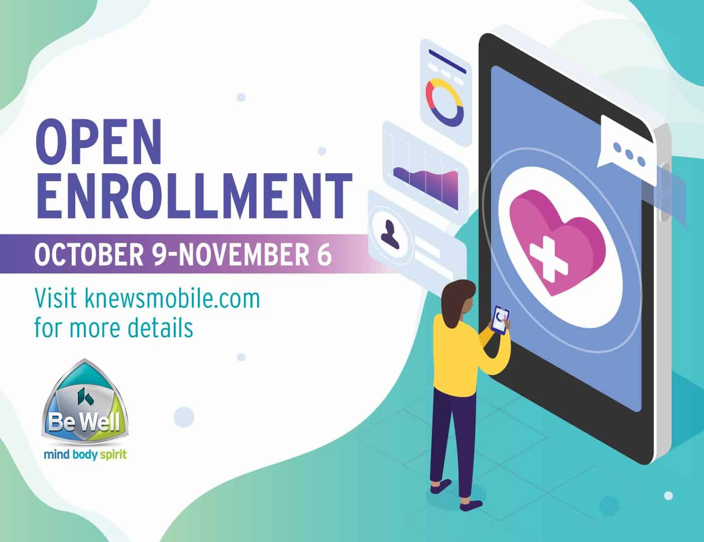 Open enrollment October 9-November 6, person using mobile device with healthcare app displayed