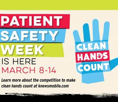 Patient Safety Week March 8-14 promotional graphic with blue hand and "Clean Hands Count" message