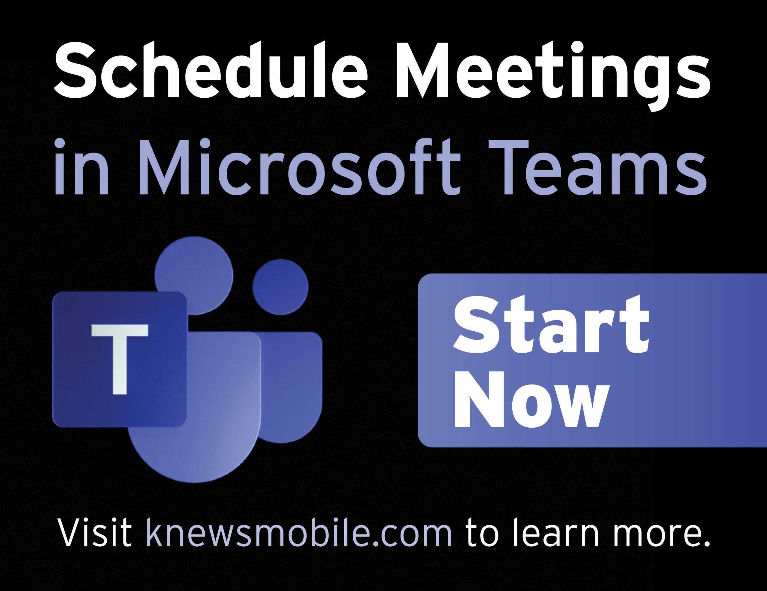 Microsoft Teams logo with "Schedule Meetings" text and "Start Now" button for healthcare scheduling.