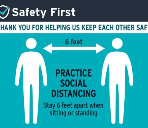 Safety first social distancing sign showing two people 6 feet apart