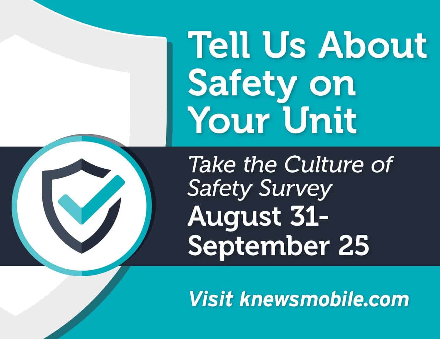 Safety survey promotion with shield checkmark icon, August 31-September 25 dates displayed