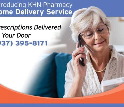 Senior woman on phone at home for KHN Pharmacy delivery service advertisement