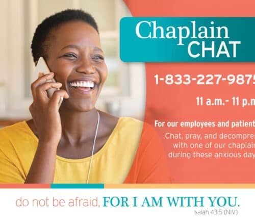 Woman talking on phone with Chaplain Chat service information and biblical quote