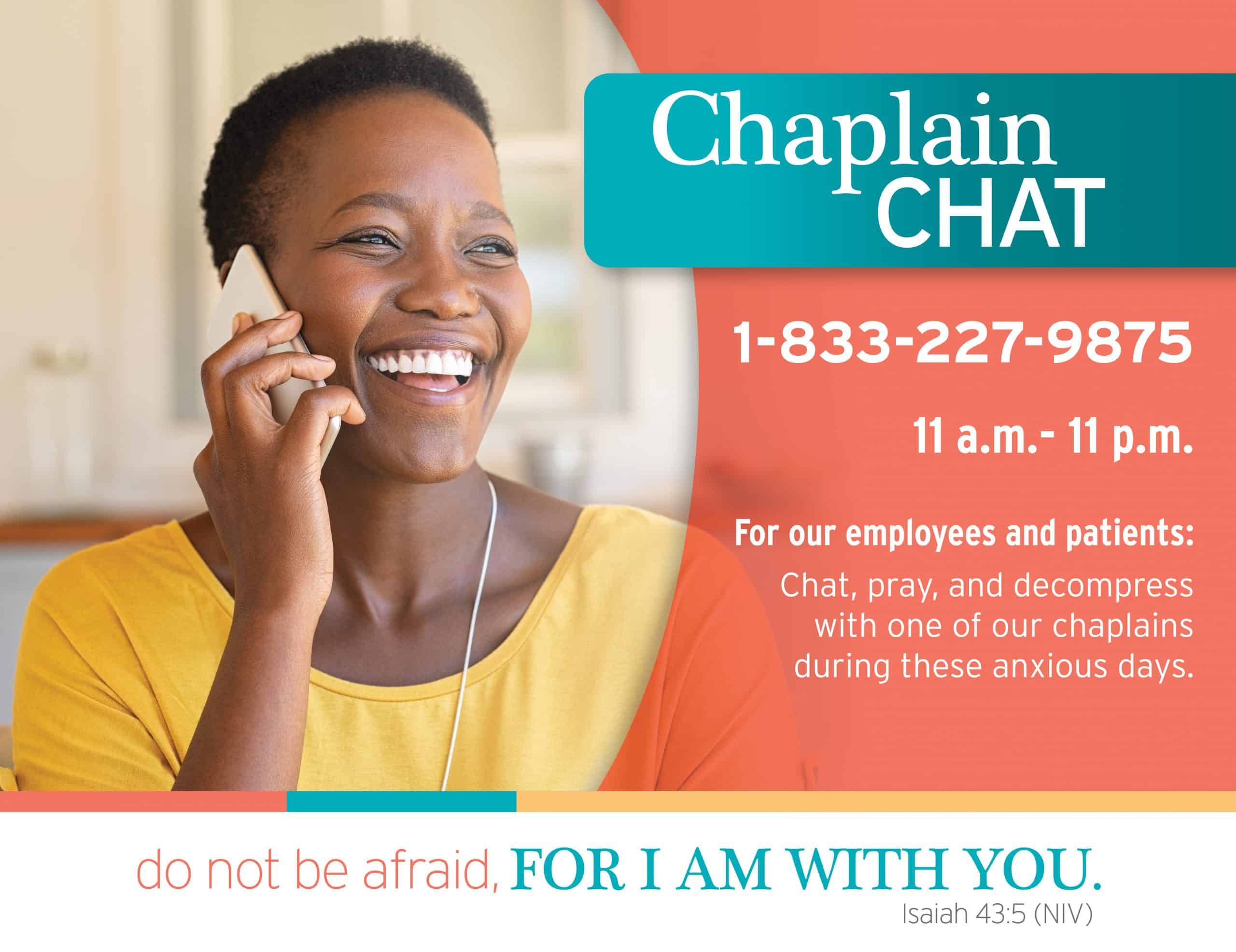 Woman talking on phone with Chaplain Chat service information and biblical quote