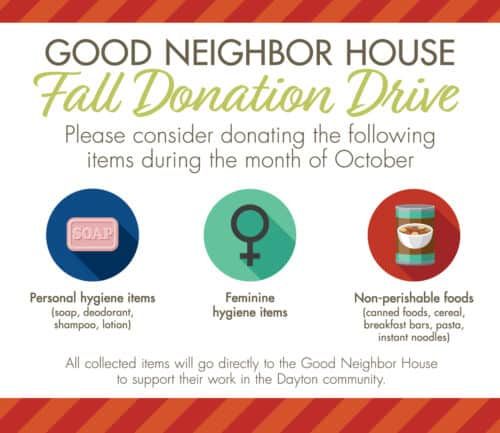 Fall donation drive flyer requesting personal hygiene items, feminine products, and non-perishable foods.