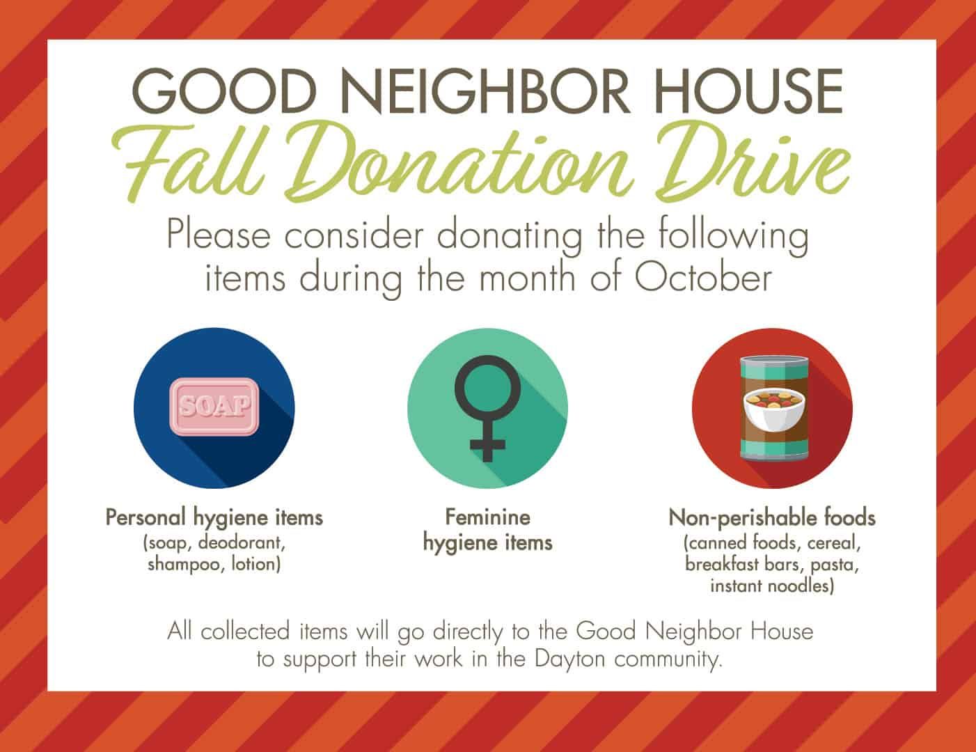 Fall donation drive flyer requesting personal hygiene items, feminine products, and non-perishable foods.