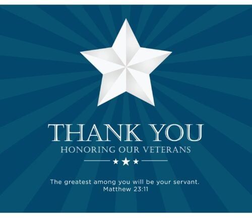 Thank you message honoring veterans with white star on blue background
