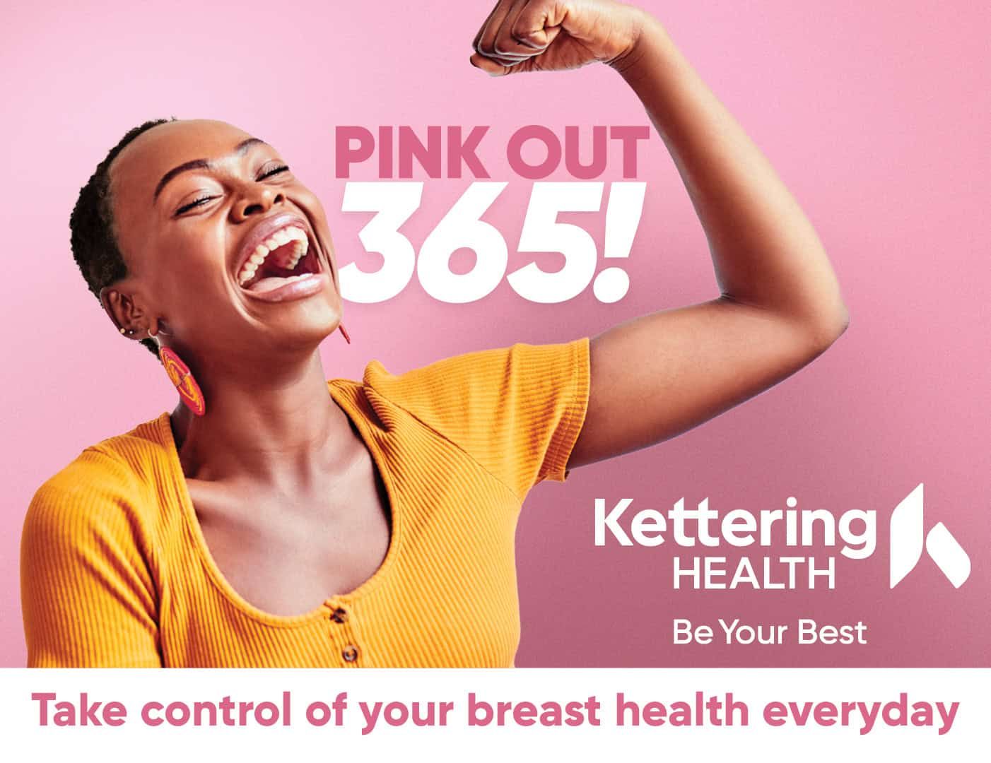 Woman flexing bicep in yellow top promoting Kettering Health breast cancer awareness campaign