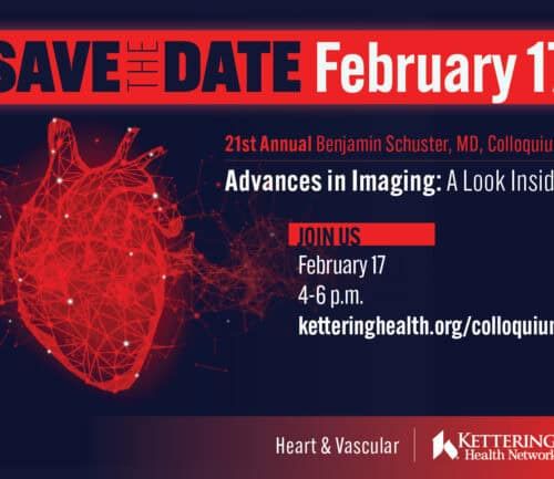 Save the date announcement for February 17 cardiac imaging colloquium with digital heart graphic