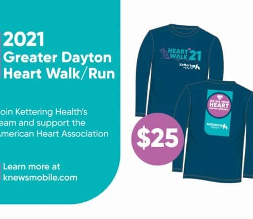 2021 Greater Dayton Heart Walk promotional image featuring $25 navy t-shirt design