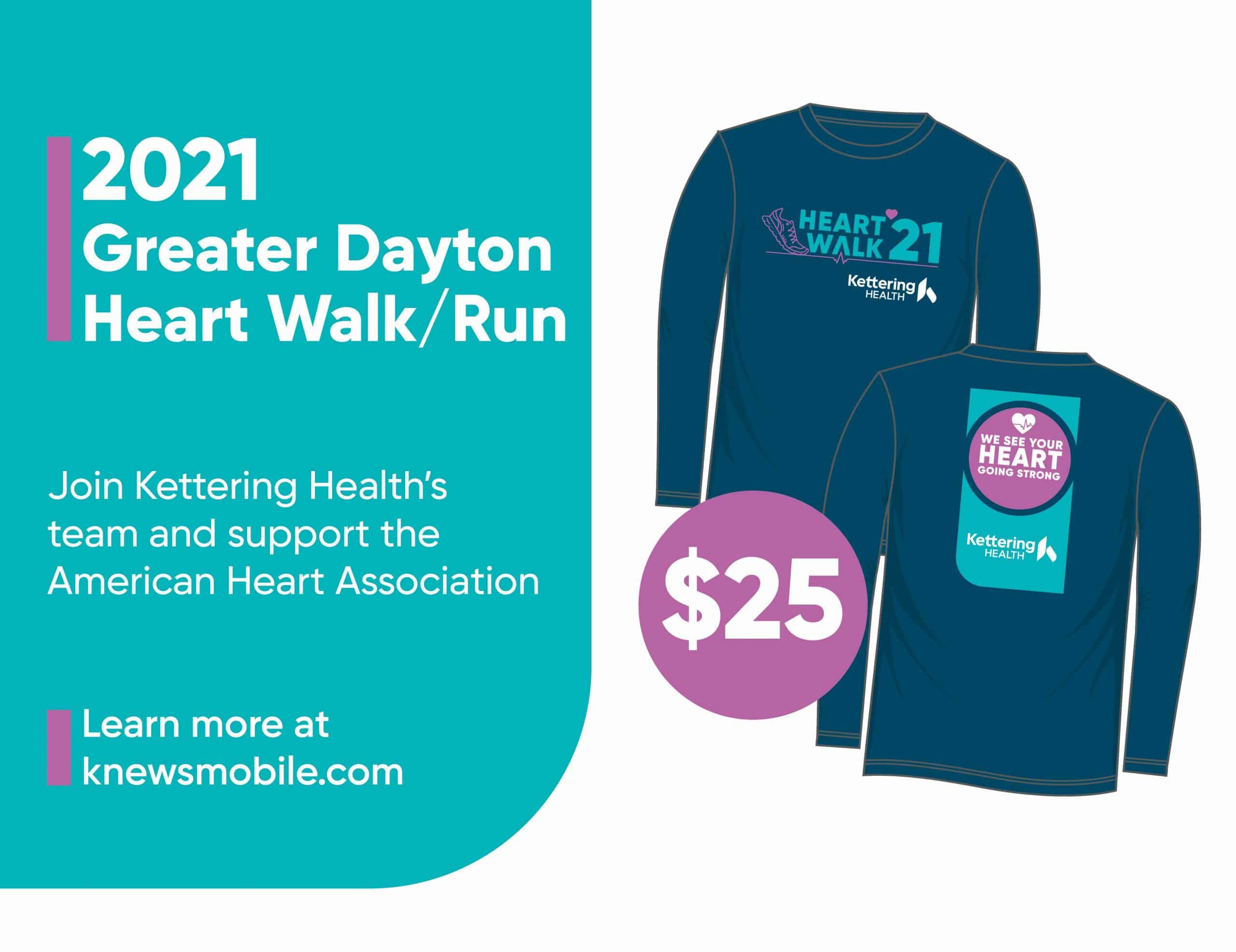 2021 Greater Dayton Heart Walk promotional image featuring $25 navy t-shirt design