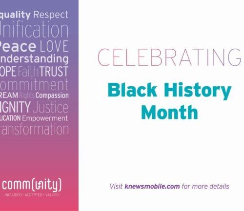 Colorful gradient background with words celebrating Black History Month and community values