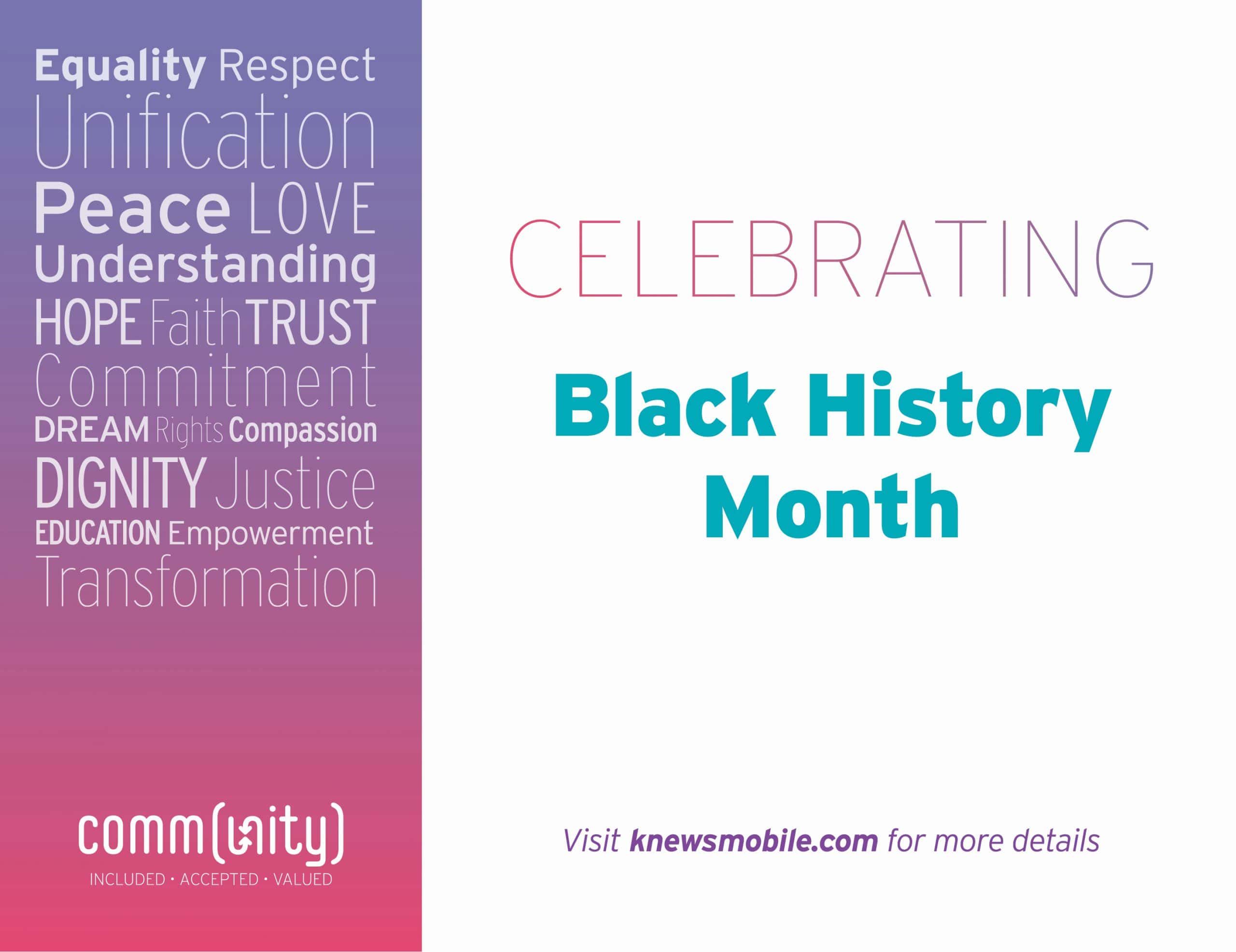 Colorful gradient background with words celebrating Black History Month and community values