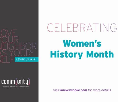 Women's History Month celebration graphic with "Love Your Neighbor as Yourself" biblical quote