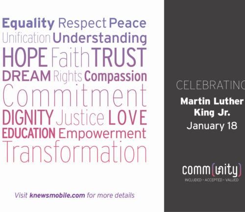 Word cloud celebrating Martin Luther King Jr. with values like equality, hope, trust, and love displayed.