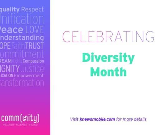 Colorful gradient banner celebrating Diversity Month with values like equality, respect, and unity listed