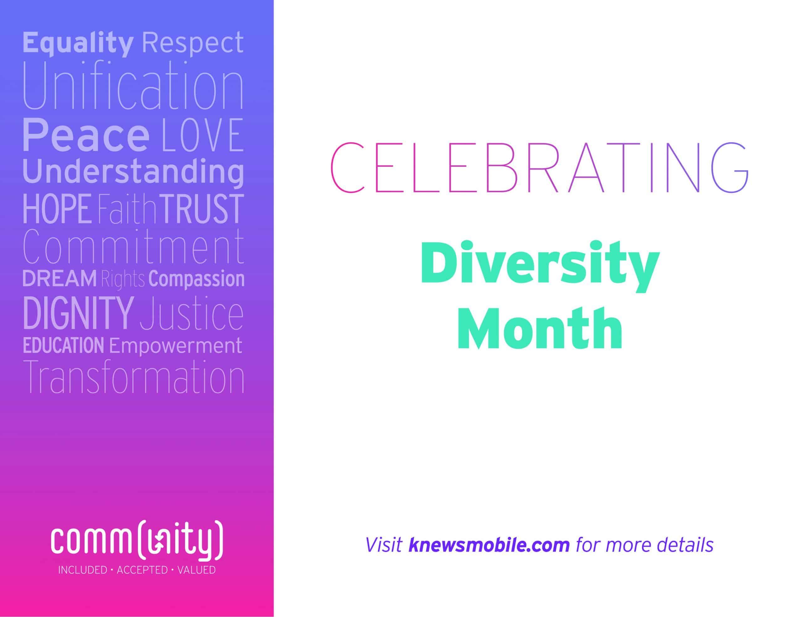 Colorful gradient banner celebrating Diversity Month with values like equality, respect, and unity listed