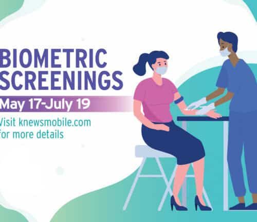 Healthcare worker conducting biometric screening on masked patient, May 17-July 19 dates shown