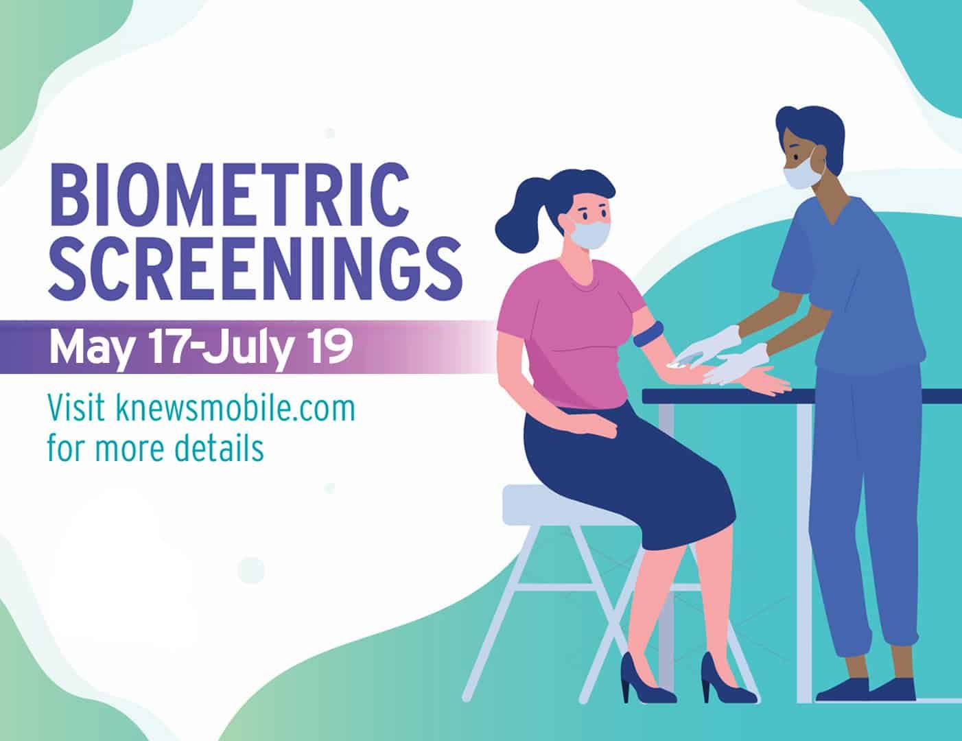 Healthcare worker conducting biometric screening on masked patient, May 17-July 19 dates shown