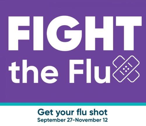 Purple banner promoting flu shots with text "FIGHT the Flu" and dates September 27-November 12